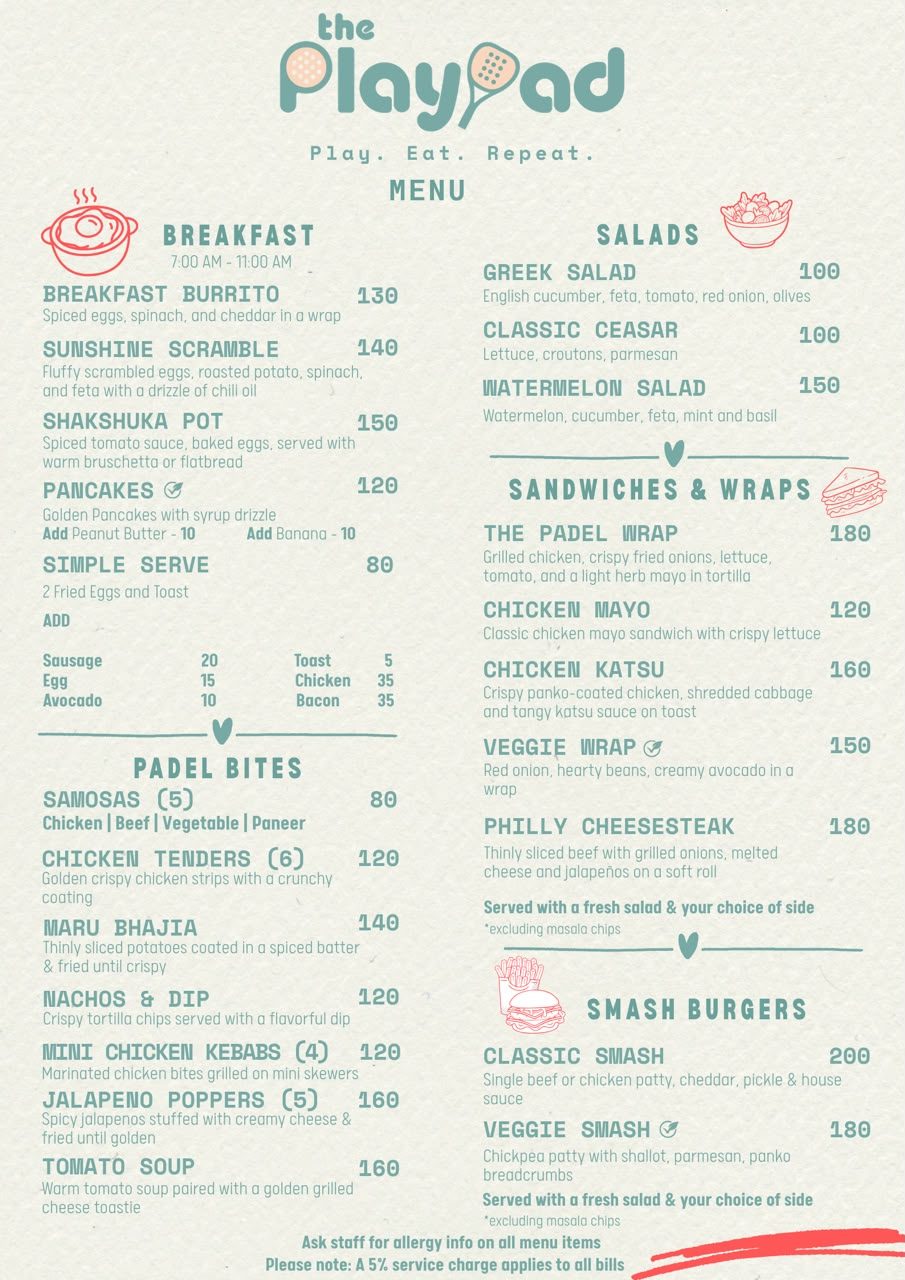 Menu page 1: Breakfast, Padel Bites, Salads, Sandwiches & Wraps, Smash Burgers